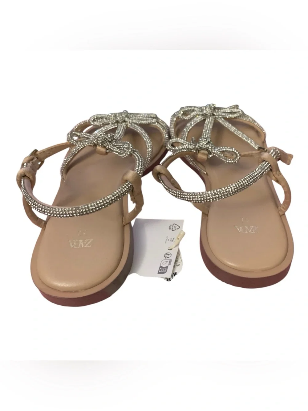 Zara Nude Sandals with Silver Rhinestone Bows Girl 13